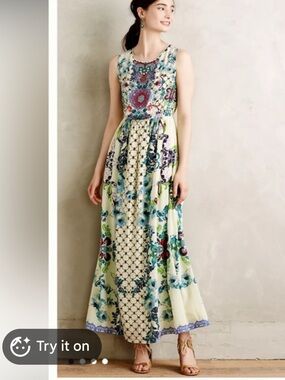 Hemant & Nandita Green Floral Beaded Silk Maxi Dress size Small